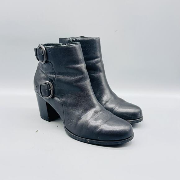 Born Boots Women 7.5 Black Leather Ankle Bootie Buckle Strap Side Zip Block Heel - Picture 2 of 12